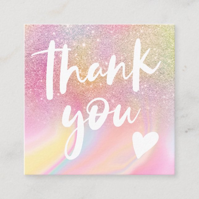 Chic glitter girly rainbow marble pastel thank you square business card (Front)