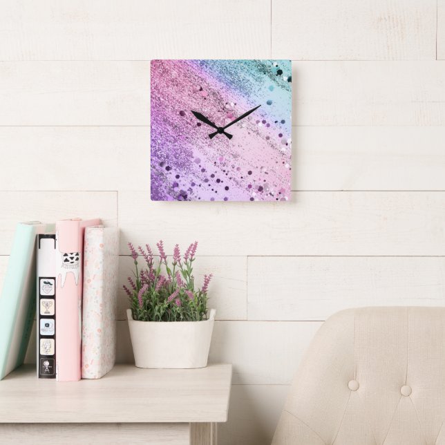 Chic Glitter Glam 4 (Unicorn Colours) #art #glitte Square Wall Clock (Reading Room)