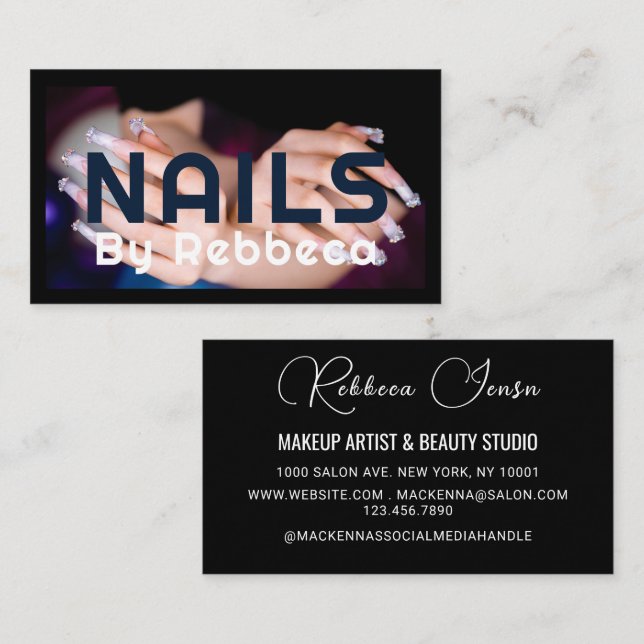 Chic Glitter Glam Nail Art Manicure Salon Blue Business Card (Front/Back)