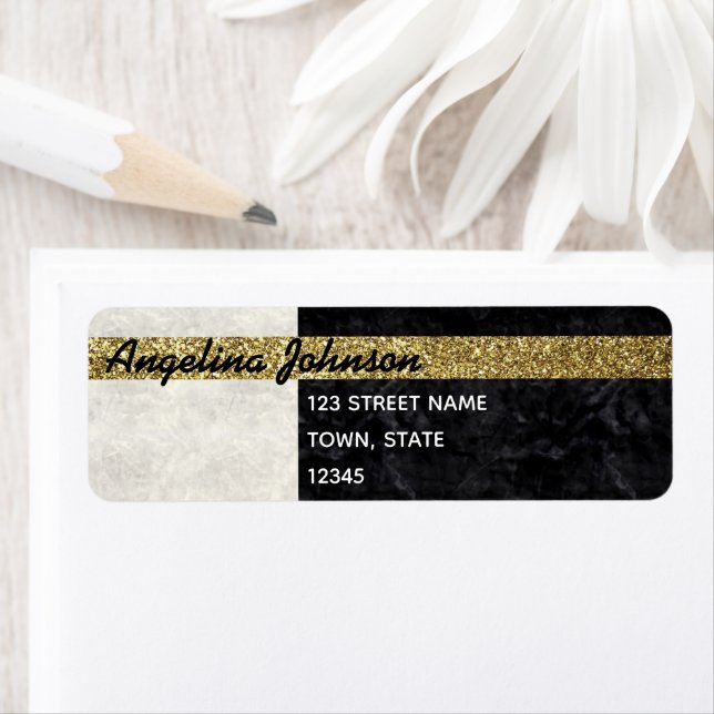 Chic Glitter Gold Black and White Return Address (Insitu)
