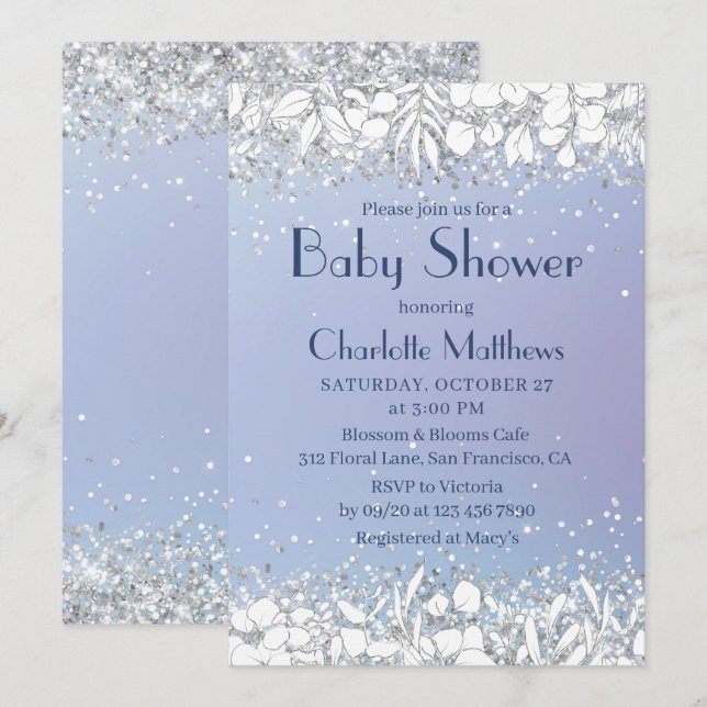 Chic Glitter Modern Floral Blue Boy Baby Shower Invitation (Front/Back)
