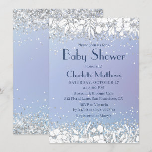 Chic Glitter Modern Floral Blue Boy Baby Shower Invitation