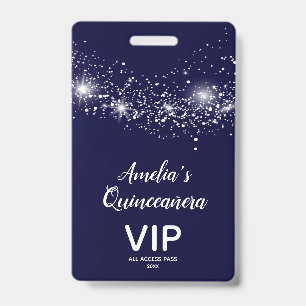 Chic Glitter on Navy Quinceañera Invite VIP Pass ID Badge
