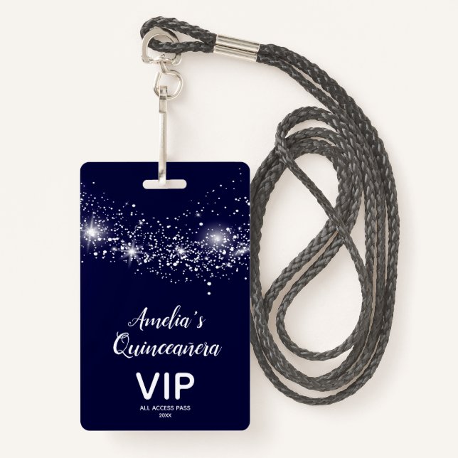 Chic Glitter on Navy Quinceañera Invite VIP Pass ID Badge (Front with Lanyard)