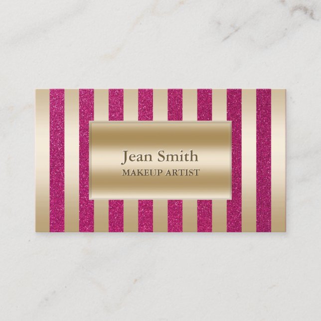 Chic Glitter Pink & Gold Stripes Makeup Artist Business Card (Front)