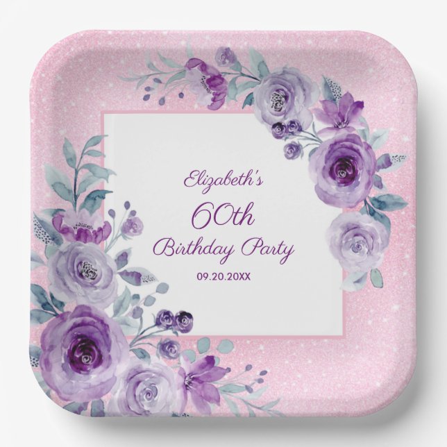 Chic Glitter Pink Purple Roses Floral Birthday  Paper Plate (Front)