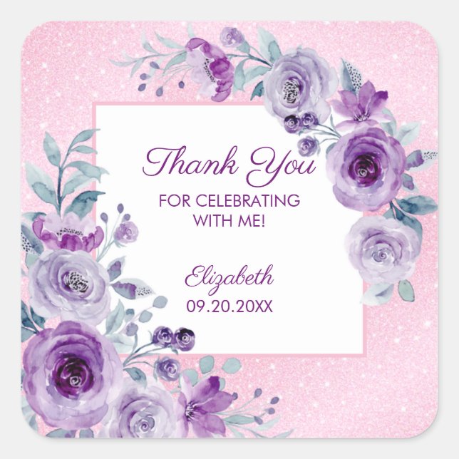 Chic Glitter Pink Purple Roses Floral Birthday  Square Sticker (Front)