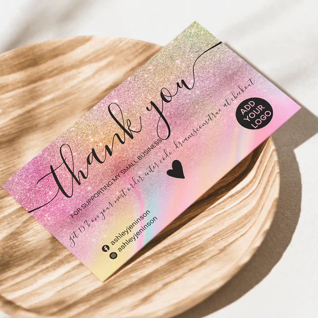 Chic glitter rainbow marble order thank you business card | Zazzle