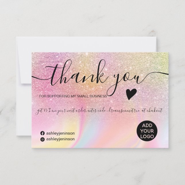 Chic glitter rainbow unicorn marble thank you card (Front)