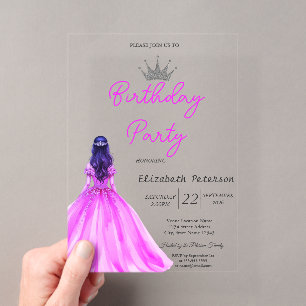 Chic Glitter Tiara Girl Dress Neon Pink Birthday Acrylic Invitations