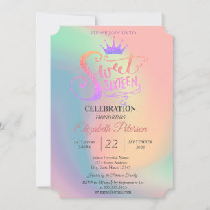 Chic Glitter Tiara Holographic Sweet 16 Party Invitation