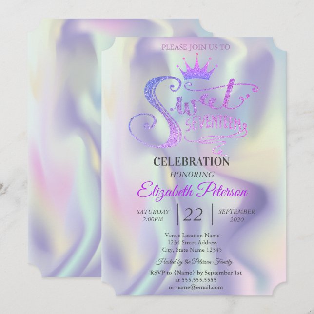 Chic Glitter Tiara Holographic Sweet 17 Birthday Invitation (Front/Back)