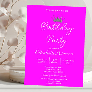Chic Glitter Tiara Neon Pink Birthday Invitation