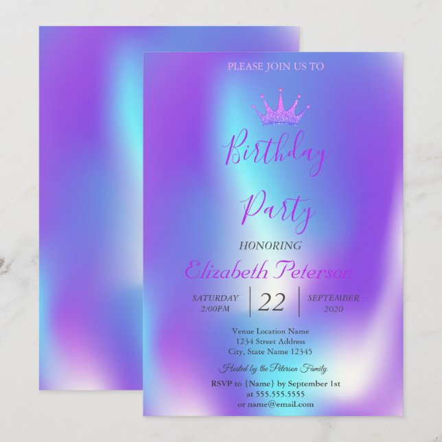 Chic Glitter Tiara Ombre Holographic Birthday Invitation (Front/Back)