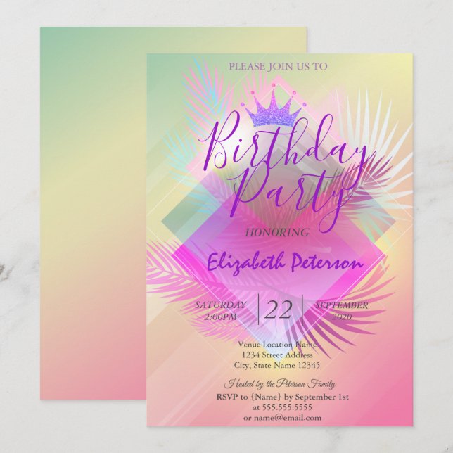 Chic Glitter Tiara Palm Leaves Birthday Party Invitation (Front/Back)
