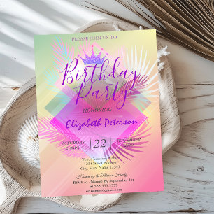 Chic Glitter Tiara Palm Leaves Birthday Party Invitation
