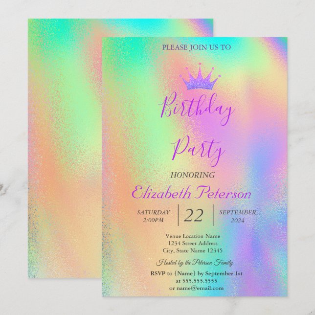 Chic Glitter Tiara Rainbow Holographic Birthday Invitation (Front/Back)