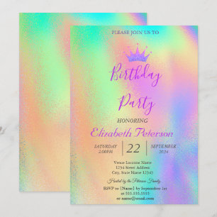 Chic Glitter Tiara Rainbow Holographic Birthday Invitation