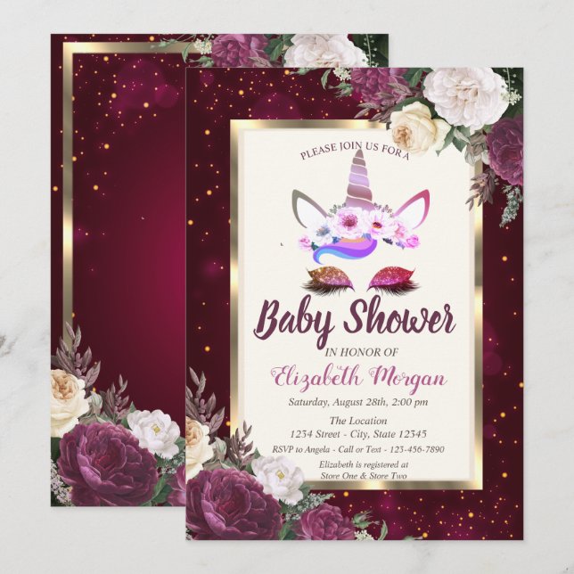 Chic Glitter Unicorn,Burgundy Floral Baby Shower Invitation (Front/Back)