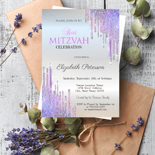Chic Glitter Violet Drips Silver Bat Mitzvah   Invitation (Creator Uploaded)