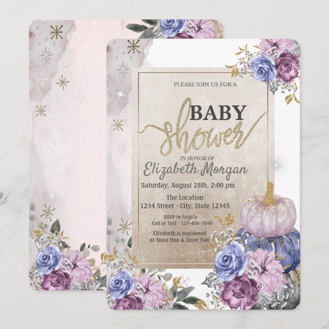 Chic Glitter Violet Pumpkins Flowers Baby Shower  Invitation (Front/Back)