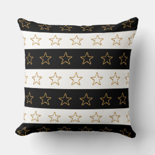 Chic Glittering Stars on Black & White Striped Cushion