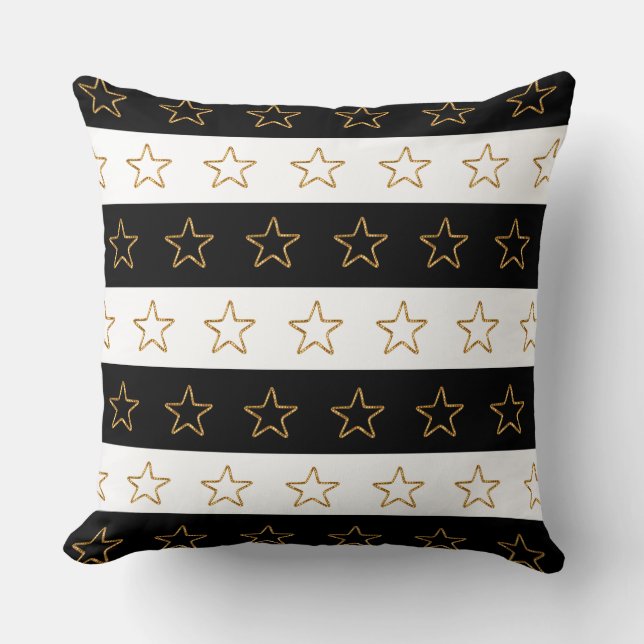 Chic Glittering Stars on Black & White Striped Cushion (Front)