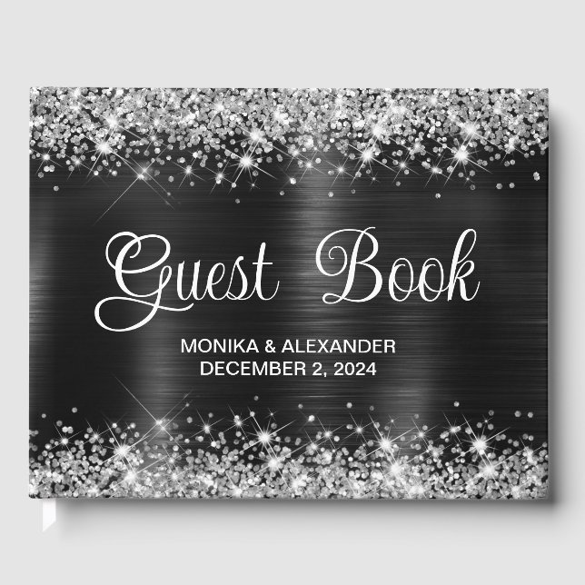 Chic Glittery Black Foil Wedding Guest Book (Front)