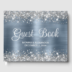Chic Glittery Dusty Blue Foil Wedding Guest Book