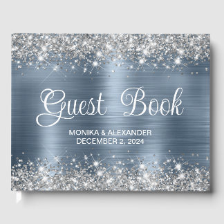 Chic Glittery Dusty Blue Foil Wedding Guest Book