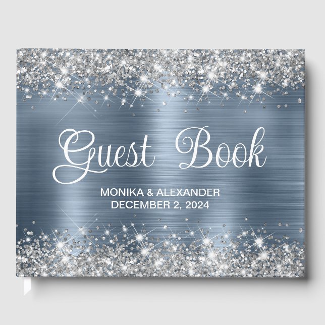 Chic Glittery Dusty Blue Foil Wedding Guest Book (Front)