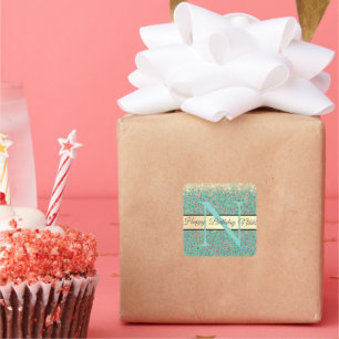Chic Glittery Feathers Monogram Square Sticker