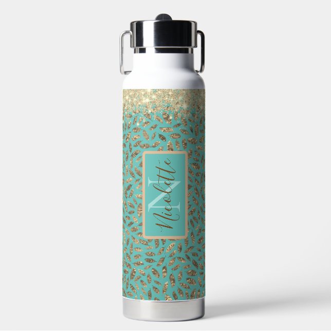 Chic Glittery Feathers Monogram     Water Bottle (Front)