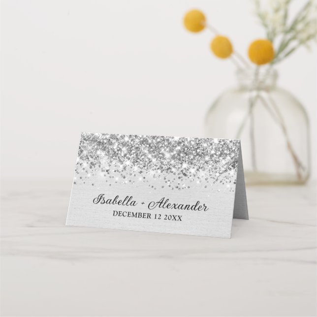Chic Glittery light Silver Foil Personised Place Card (Back)