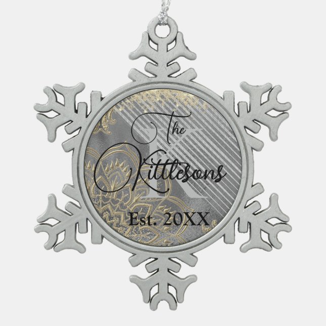 Chic Glittery Mandala Monogram Family Name Snowflake Pewter Christmas Ornament (Front)
