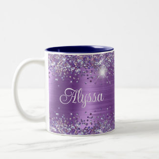 Chic Glittery Purple Amethyst Glam Name Two-Tone Coffee Mug