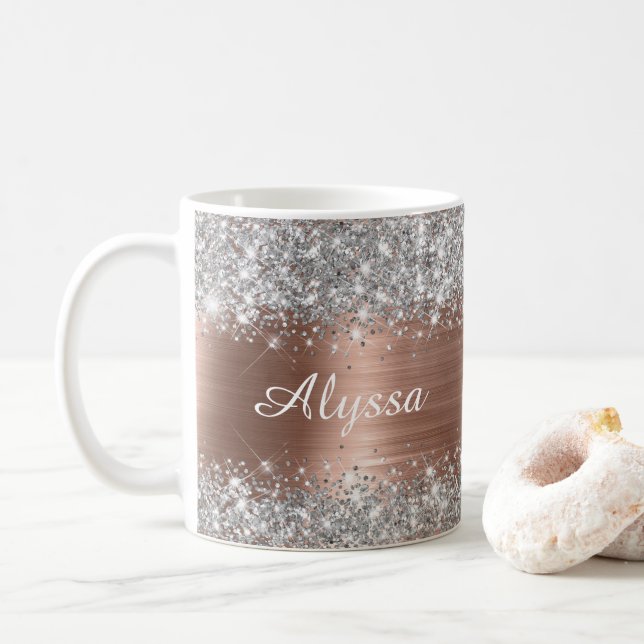 Chic Glittery Rose Gold Glam Name Coffee Mug (With Donut)