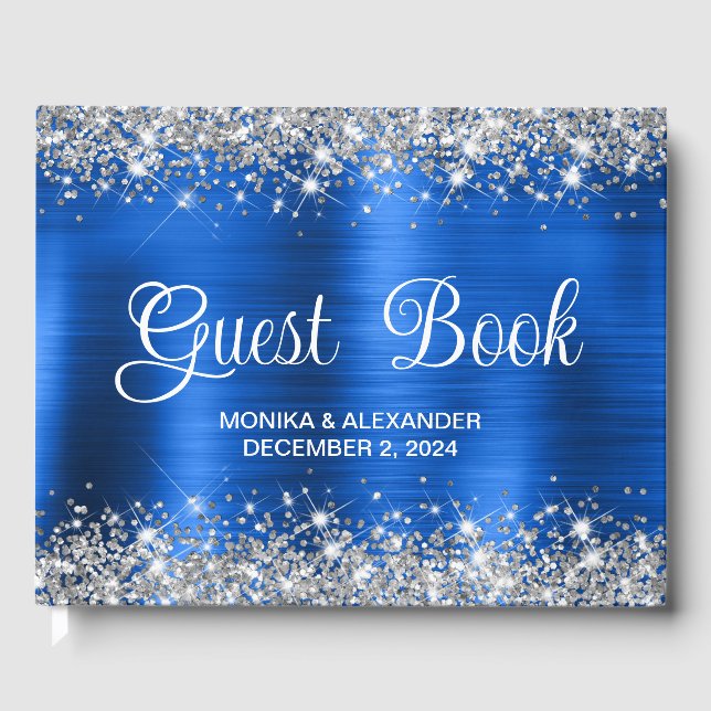 Chic Glittery Royal Blue Foil Wedding Guest Book (Front)