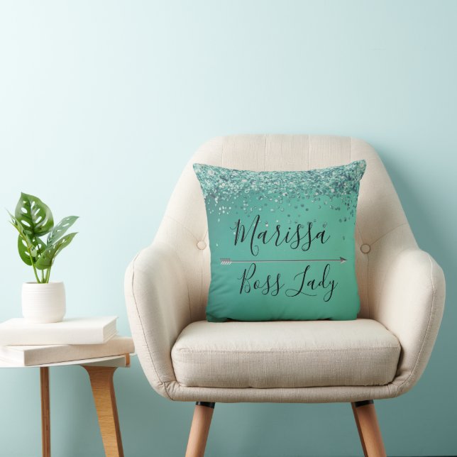Chic Glittery Turquiose  Boss Lady Personalised Cushion (Chair)