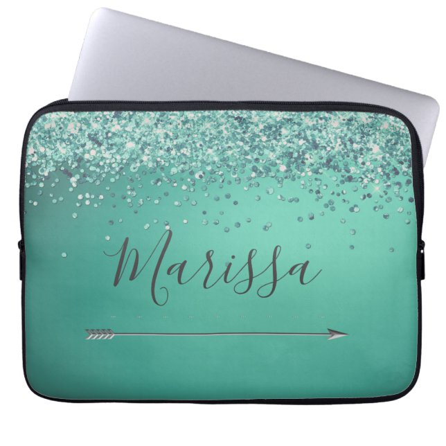 Chic Glittery Turquiose Personalised  Laptop Sleeve (Front)