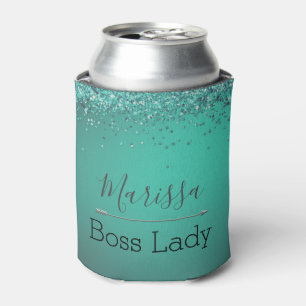 Chic Glittery Turquoise Personalised Boss Lady  Can Cooler