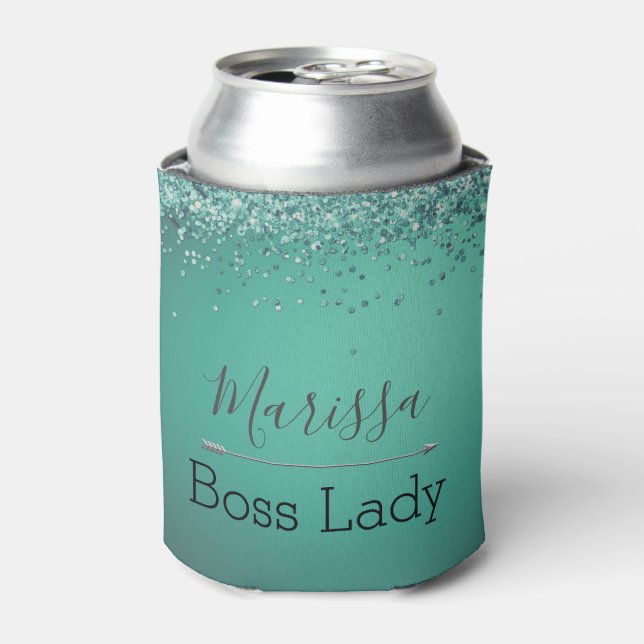 Chic Glittery Turquoise Personalised Boss Lady  Can Cooler (Can Front)