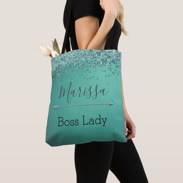 Chic Glittery Turquoise Personalised Boss Lady Tote Bag (Close Up)
