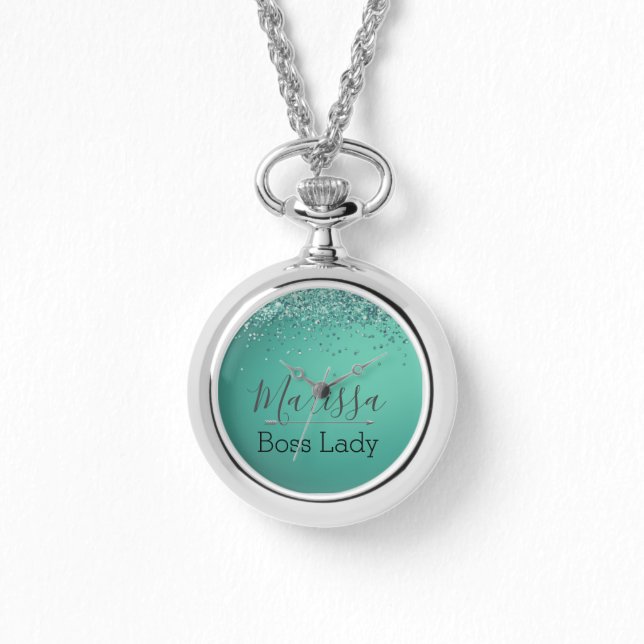 Chic Glittery Turquoise Personalised Boss Lady  Watch (Front)