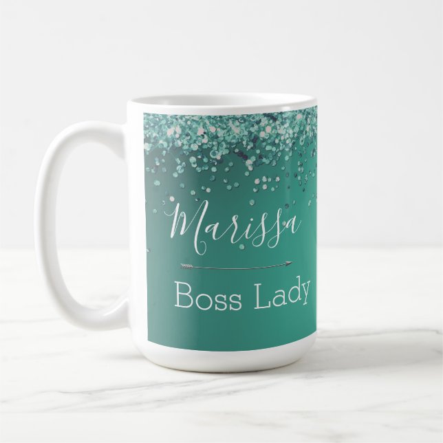 Chic Glittery Turquoise Personalized Boss Lady Coffee Mug (Left)