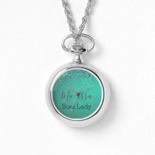 Chic Glittery Turquoise Personalized Boss Lady  Watch