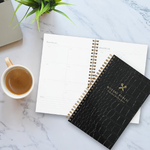 Chic Glossy Black Crocodile Gold Notary Public   Planner