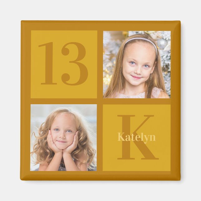 Chic Gold 2 Photo Collage Custom Birthday Party Magnet (Front)