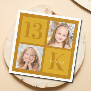 Chic Gold 2 Photo Collage Custom Birthday Party Napkin