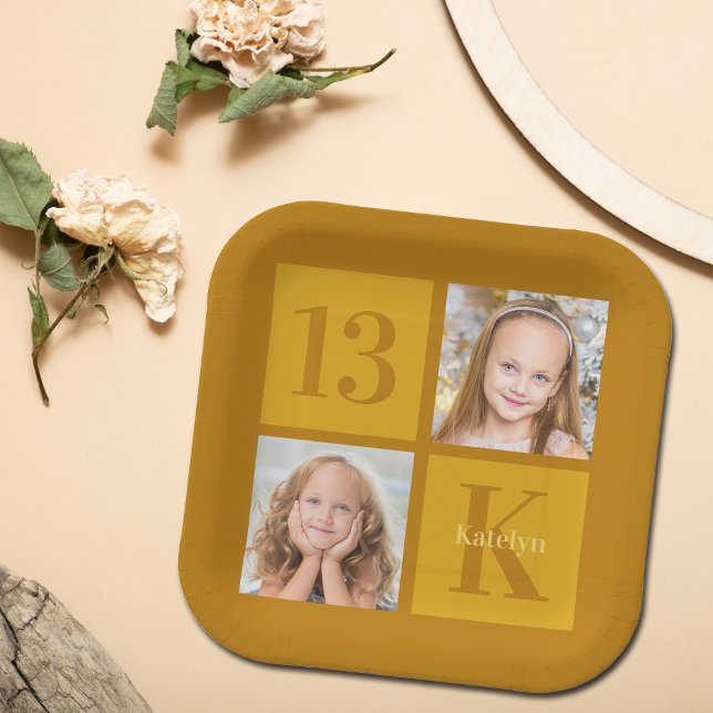 Chic Gold 2 Photo Collage Custom Birthday Party Paper Plate (Creator Uploaded)